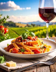A rustic outdoor table features a white plate with pasta topped with sauce and basil. A glass of red wine is nearby