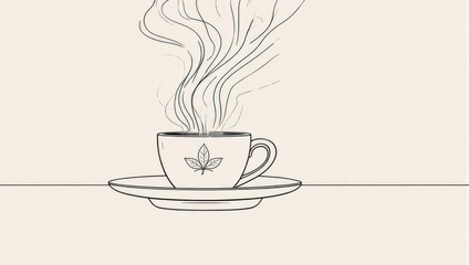 Minimalist Tea Cup Illustration with Rising Steam and Leaf Design.