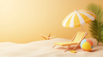18.A detailed 3D vector image depicting a relaxing beach scene with a yellow-striped umbrella, a lounge beach chair, and a vibrant beach ball on the soft sand. The elements are carefully arranged in