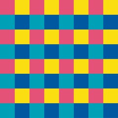 Vibrant checkered pattern with bold pink, yellow, blue, and teal squares, creating a lively geometric background suitable for modern design, decoration, and creative digital projects.