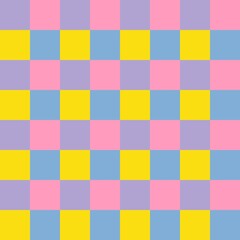 Soft pastel and yellow checkered geometric pattern featuring pink, purple, and blue squares, creating a light and cheerful seamless background perfect for textiles, stationery, and digital designs.