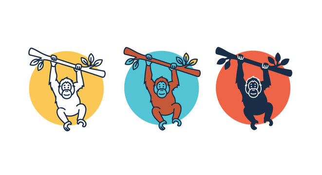 Three orangutans hanging from a branch, each with a different color scheme