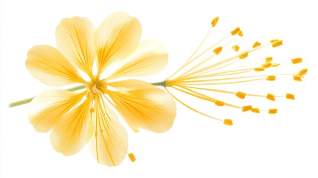 86.A close-up of the Handroanthus chrysanthus flower with its delicate yellow petals stretching outward, set against a pure white background. The flowerâ€™s intricate details, including the fine veins