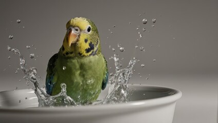 Parrot enjoying a refreshing bath in a white bowl, splashing water.