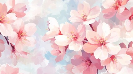 Naklejka premium 100.A seamless abstract floral pattern featuring pink cherry blossoms in various stages of bloom, with delicate petals painted in loose, expressive brushstrokes. The background is a soft, light hue