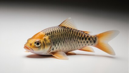 Close-up of a Goldfish with Orange and Silver Scales on White Surface.