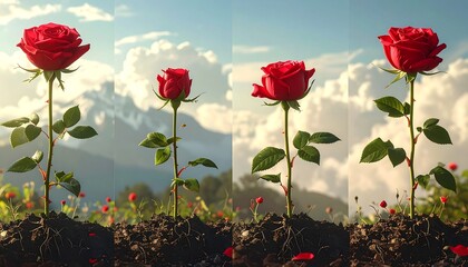 A sequence of four images showing a red rose in various stages of bloom, set against a backdrop of a mountain range and a clear sky