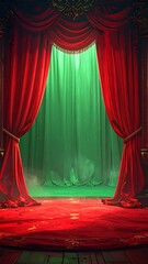 A theatrical stage bathed in green light, red curtains draped dramatically. The stage features a red carpet with ornate designs