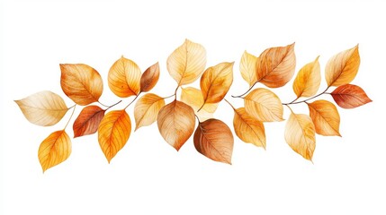 Fototapeta premium 10.A stunning image of vibrant golden autumn leaves swirling in the wind, their edges crisp and textured, captured mid-air. The isolated leaves have a soft golden hue, some with shades of orange and