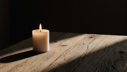 Candlelight Serenity - A Single Candle Illuminating a Wooden Surface.