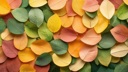77.A close-up shot of a mixture of autumn leaves in various colors including green, yellow, orange, and red. The leaves are freshly fallen, with droplets of dew still visible on the surface. The