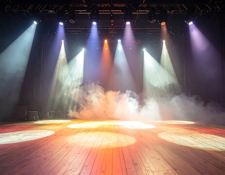 A theatrical stage bathed in vibrant light, with a wooden floor, beams, and fog. The spotlights illuminate the space