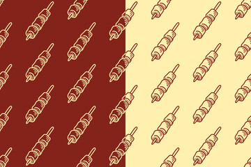 Meat satay doodle seamless pattern on brown white background set for restaurant. Barbecue skewer engraving pattern background for culinary. Grilled kebab stick hatched motif wallpaper for merch