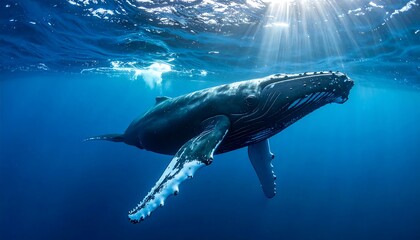 Fototapeta premium A majestic whale swims gracefully under the ocean surface, sunlight beams filtering through the water. This underwater shot shows a serene aquatic environment