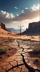 A vertical desert landscape displays cracked earth leading to a bare tree, framed by mesas under a partly cloudy sky