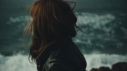 Captivating portrait of a young woman with flowing hair against a dramatic ocean backdrop