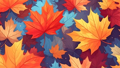 A vibrant autumnal illustration with overlapping leaves in shades of orange, yellow, red, blue, and brown. The scene evokes warmth