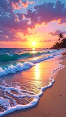 A vibrant beach scene captures the sun setting, casting orange light on the waves and clouds. Palm trees dot the edge