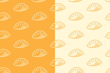 Gyoza dumpling line art seamless pattern on yellow white background set for restaurant. Japanese gyoza engraving doodle pattern background for culinary. Chinese dumpling hatching motif wallpaper