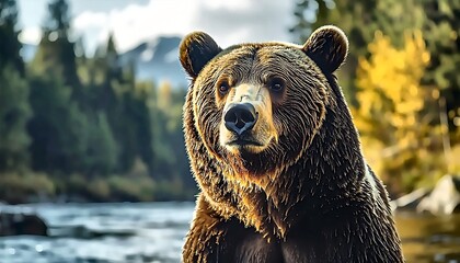Obraz premium Majestic Grizzly Bear Portrait in Natural Habitat with River Backdrop