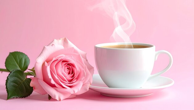 A pink rose lies near a white coffee cup with steam rising against a pastel background. Delicate and cozy image