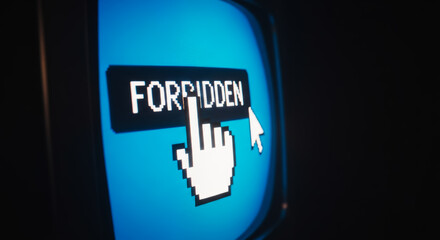 A retro computer screen displays the word forbidden above a button ready to be clicked, symbolizing censorship, access denial, and restriction