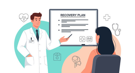 Medical Professional Explaining a Recovery Plan to Patient in Modern Healthcare Setting