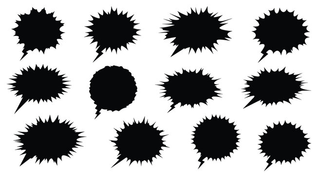 A collection of irregular black speech bubble shapes with jagged edges representing abstract dialogue or thought forms.