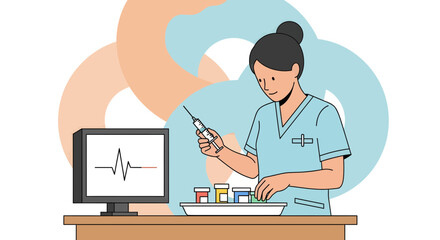 Medical Professional Preparing Syringe with Health Monitor in the Background for Consultation