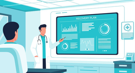 Medical Professional Presenting Recovery Plan To Patient In Modern Hospital Setting