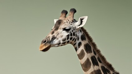 Close up of a giraffes head and neck with distinctive markings.