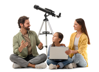 Little girl with her parents and telescope using laptop on white background