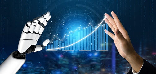 Futuristic Robot Hand Interacting with Human Hand Over Digital Financial Data and Growth Chart Background Impute.
