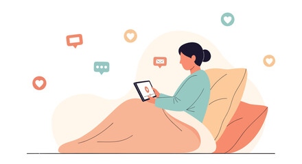 Online Engagement And Connectivity: Woman Using Tablet In Bed With Social Media Notifications