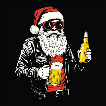Badass Santa Claus Drinking Beer Vector Illustration