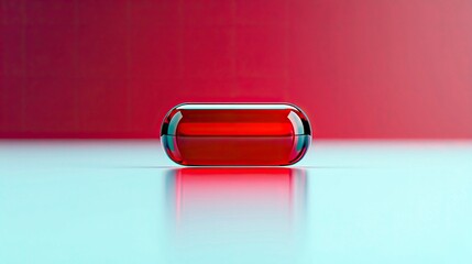A single red capsule rests on a light blue reflective surface, set against a smooth, gradient red background.