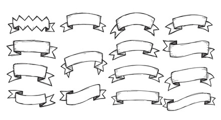 A collection of hand-drawn sketchy ribbon banners in various shapes and styles, perfect as decorative elements or empty frames for text on a light background