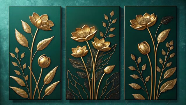 A triptych of golden floral art on a dark green background, showcasing elegance and sophistication
