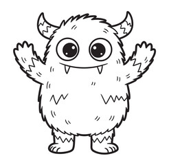 Fototapeta premium A cute and friendly furry monster with big eyes, horns, and fangs, waving its hands in a cheerful black and white cartoon line art illustration isolated on a white background