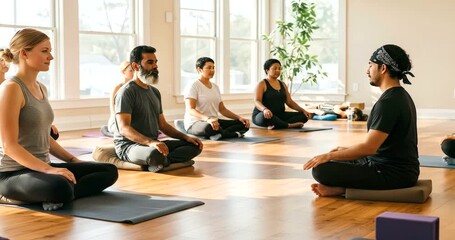 Diverse group of people meditating in a bright yoga studio class. - Powered by Adobe