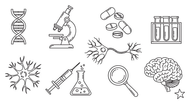A collection of black outline icons illustrating scientific and medical themes, featuring DNA, a microscope, medication, test tubes, neurons, a syringe, a magnifying glass, and a human brain on white - Powered by Adobe