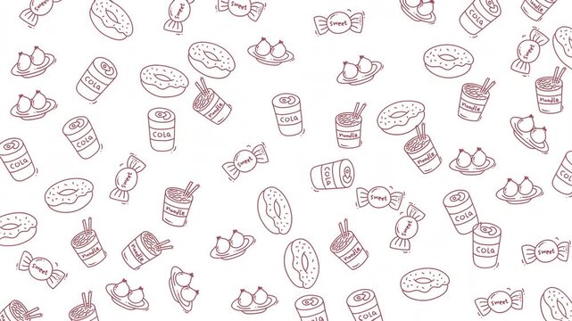 Pattern of donuts, candies, coffee cans, and fruit. Ideal for food blogs, cafe menus, kitchen decor, or bakery marketing materials.