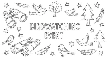 A black and white doodle illustration featuring "Birdwatching Event" text surrounded by cute cartoon birds, binoculars, feathers, and various trees, perfect for a coloring page