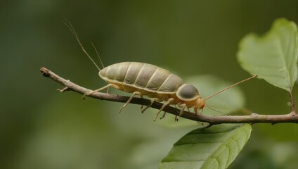 A pale green cockroach with large eyes rests on a thin branch with green leaves in the background.