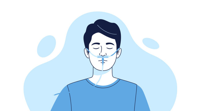 Patient Receiving Oxygen Through Nasal Cannula, Illustrated in Vibrant Flat Style Vector
