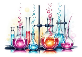 Colorful science lab beakers and tubes with bright chemical solutions