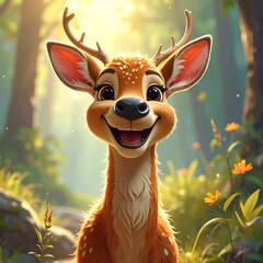 A smiling, cartoon deer with large eyes and antlers, stands in a sunlit forest clearing, surrounded by foliage