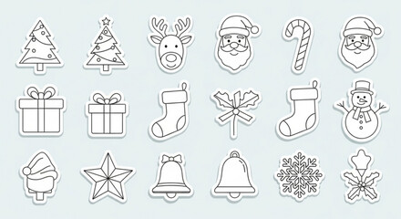 Christmas holiday vector icons set christmas tree santa claus reindeer gift stocking snowflake bell candy