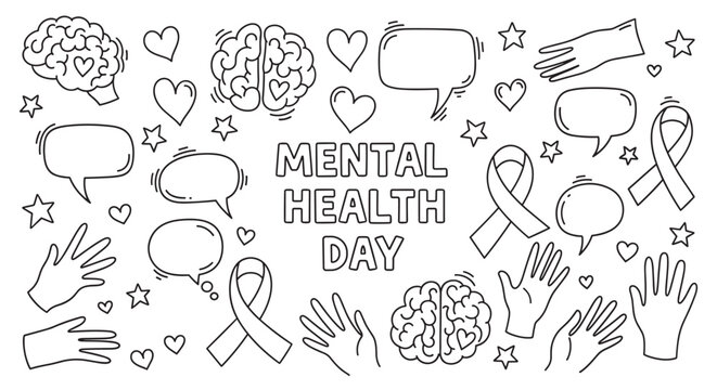 A set of hand-drawn doodle icons for a mental health awareness event, featuring brains, hearts, support ribbons, and speech bubbles in a simple black and white line art style