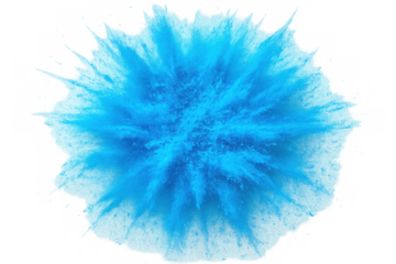 Blue powder explosion bursting outwards, creating an abstract splash of dust color on a transparent background